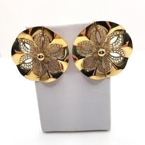 Vintage Gold Tone Filigree Flower Clip On Earrings Mid Century 1 5/8 Inch